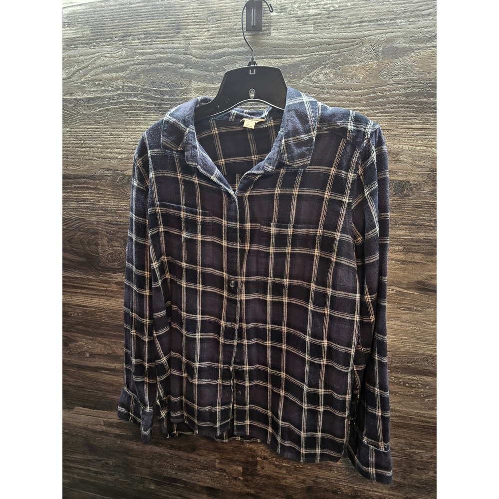 Woolrich Womens black White Plaid Flannel Button Down Shirt Size Large L/G